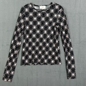 XIRENA Black White Geometric Print Long Sleeve Crew Neck Top Women's Size Small